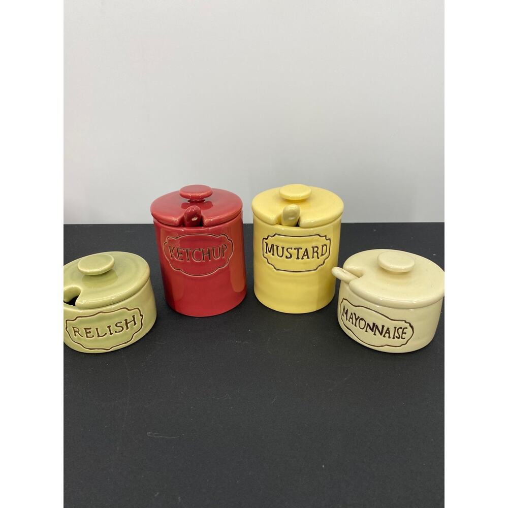 Pottery Barn Condiment Set Ceramic Vintage Style Ketchup Mustard Mayo Relish